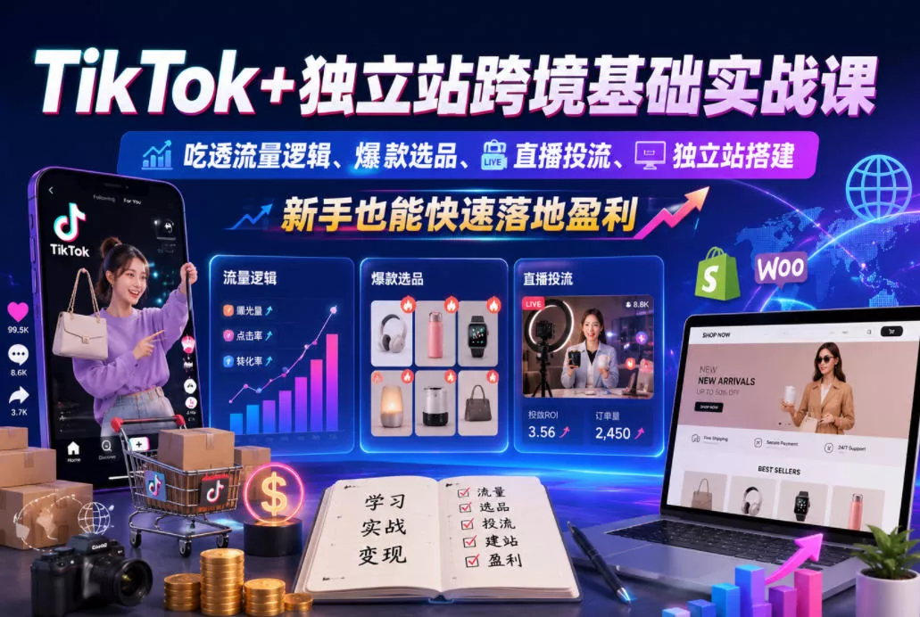 TikTok+独立站跨境基础实战课，吃透流量逻辑、爆款选品、直播投流与独立站搭建，新手也能快速落地盈利-e家网